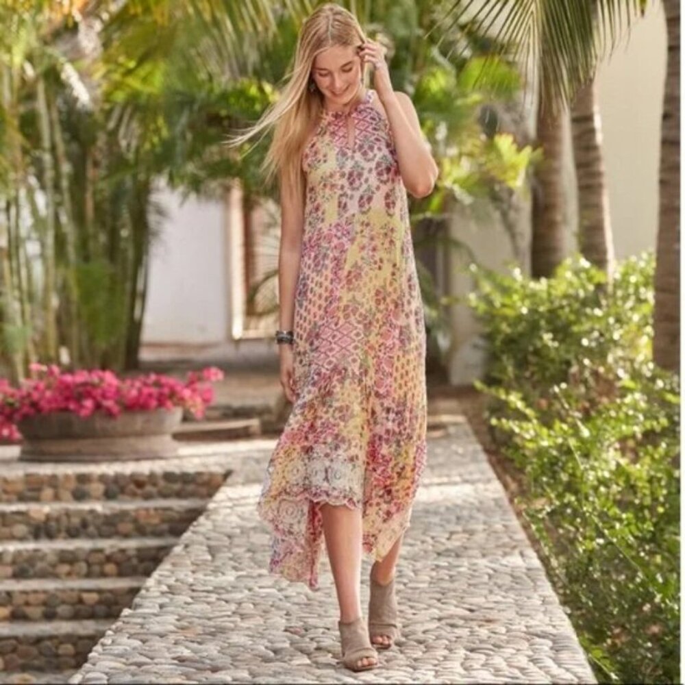 SUNDANCE Carabelle Halter Neck Dress Boho Patchwork Print Floral Lace size 8